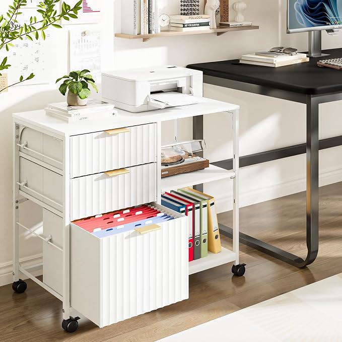 VINGLI 3 Drawer Mobile File Cabinet Printer Stand, Fluted Filing Cabinet with Open Storage Shelves Adjustable, Rolling Lateral Fabric Filing Cabinet for Home Office, Fits Letter Size, White