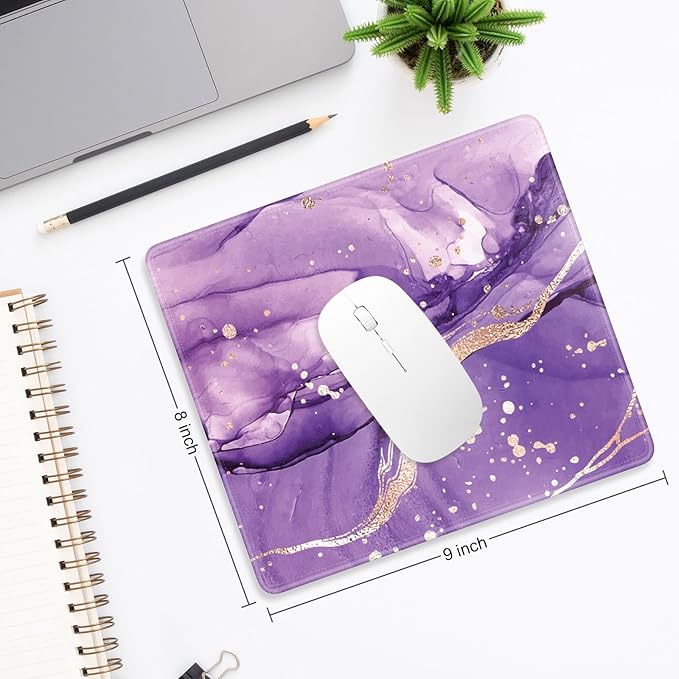 Mouse Pad, Minimalism Marble Style Computer Pad, Anti-Slip Rubber Mouse Mat with Stitched Edges for Gaming, Office, Laptop, PC, Women, 9" x 8" Thick 3 mm, Purple Marble