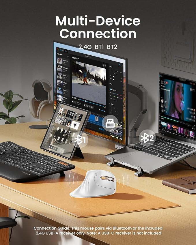ProtoArc EM11 NL Wireless Ergonomic Mouse, Rechargeable, White Gold | 58° vertical design supports a natural wrist posture, connect 3 devices via Bluetooth/2.4G USB-A, 500mAh USB-C rechargeable.