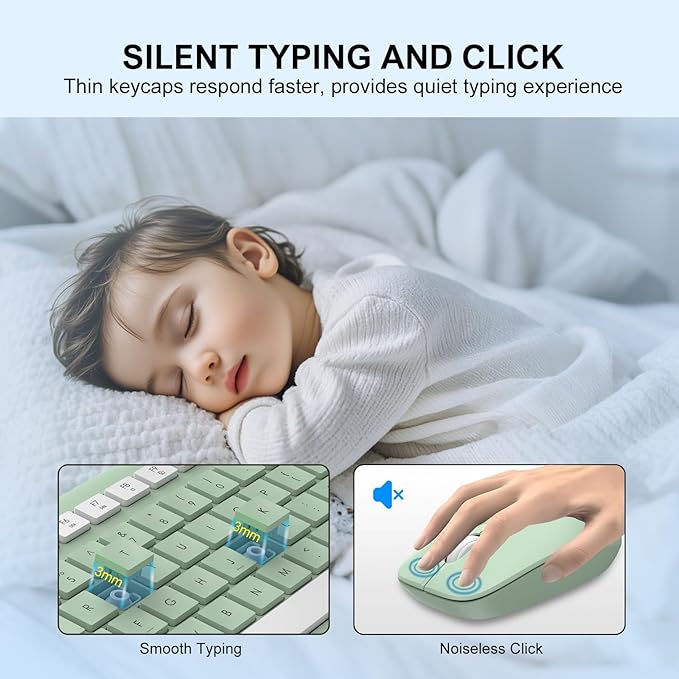Wireless Keyboard and Mouse Combo, Full-Size Silent Ergonomic Keyboard and Optical Mouse, Long Battery Life, 2.4G Lag-Free Mice Keyboard for Computer,Mac,Laptop,PC,Windows(Avocado Green)