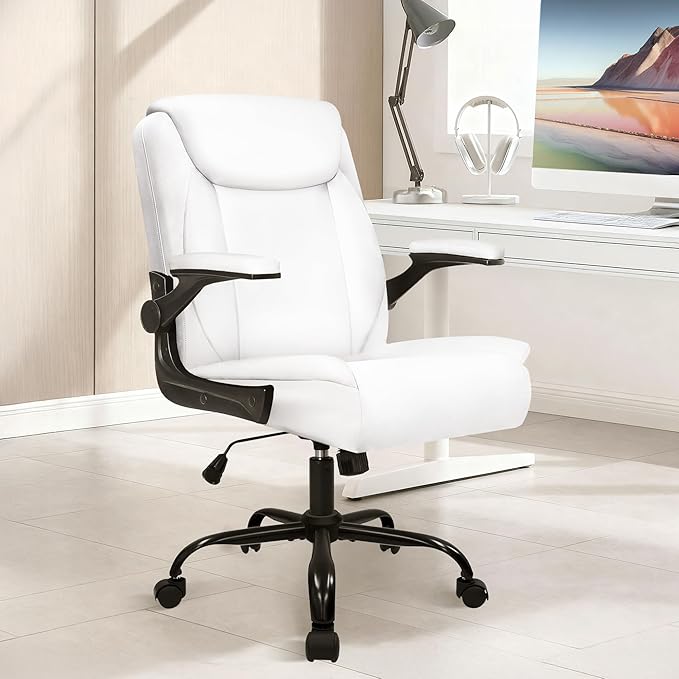 NEO CHAIR Office Desk Computer Chair Ergonomic Executive Mid-Back Leather Gaming Chair with Adjustable Flip-Up Armrests Wheels Swivel for Home Study Task (White)