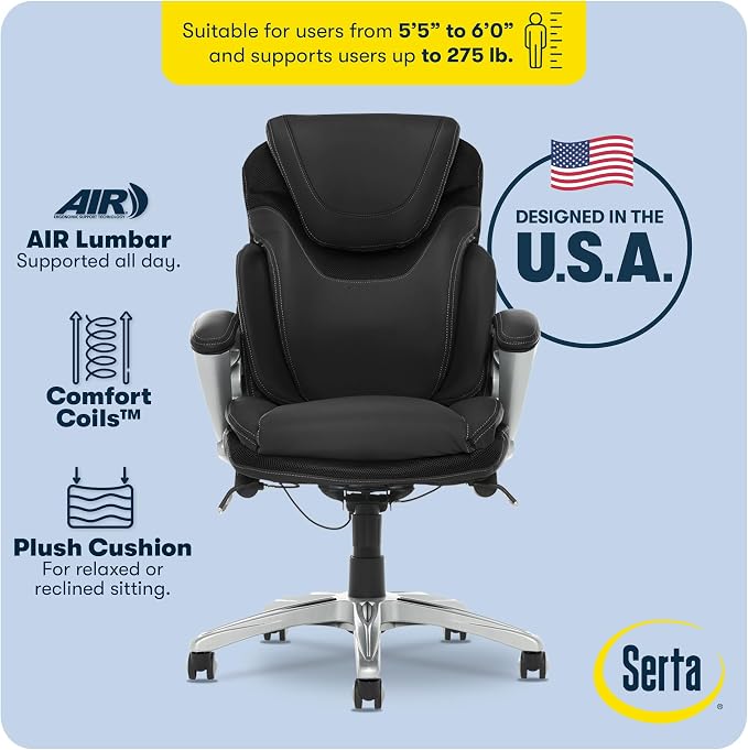 Serta Bryce Executive Office Chair - Ergonomic Computer DeskChair with Lumbar Technology - Adjustable Height - Memory Foam Body Pillows - 360° Swivel Rolling Base - Bonded Leather - Black