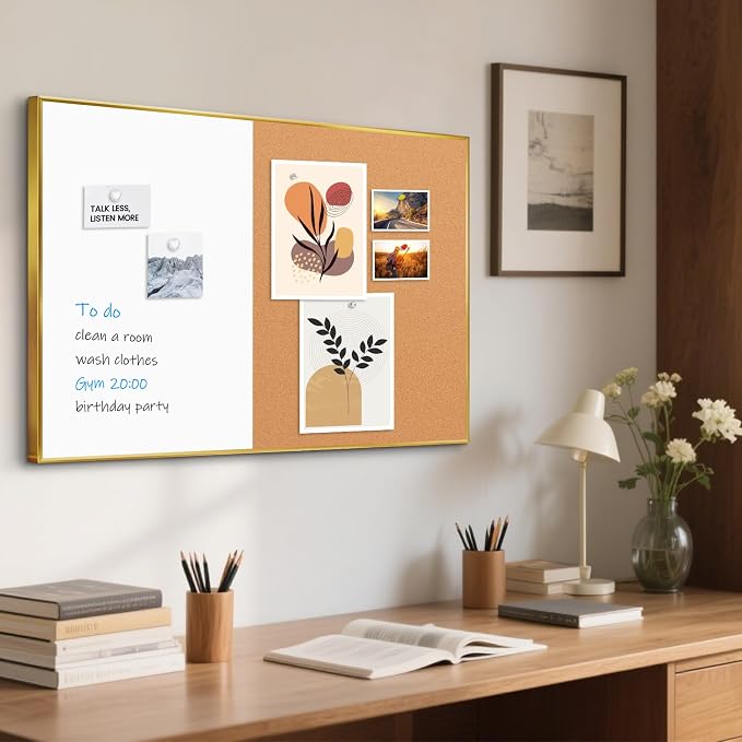 White Board Cork Board Combo, 30"x20" Magnetic Dry Erase Corkboard, Gold | Aluminum Frame, Wall Mounted, Bulletin Board, Vision Board, for Home Office School Kitchen