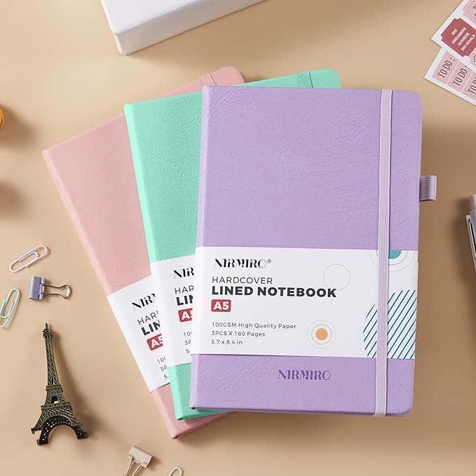 Journal Notebook for Women Men, A5 (5.7"x8.4"), 3 Pack 160 Pages Hardcover Lined Journaling Notebooks with Pen, 100GSM Paper, for Work, Writing, Travel, School Office Supplies, Pink Purple Green