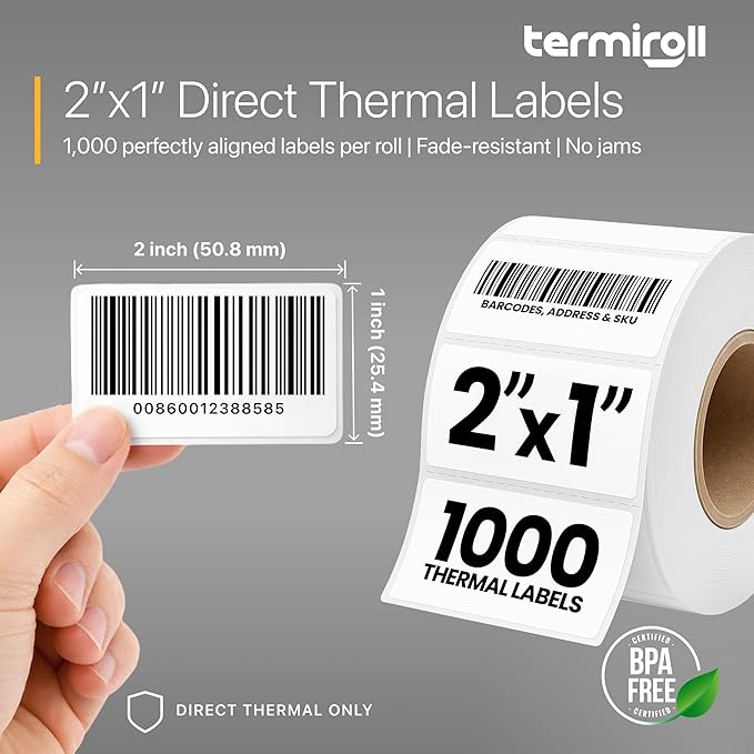 2x1 Thermal Labels Roll – 1000 Labels for Barcode, SKU & FNSKU – Direct Thermal, Strong Adhesive, Jam-Free Printing – Compatible with Rollo, Zebra, Munbyn (Not for Large Shipping Labels)