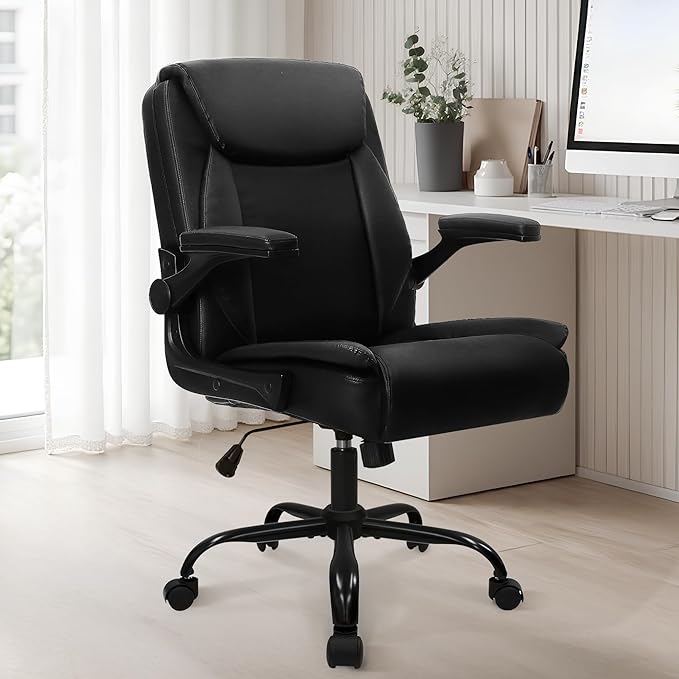 NEO Chair Office Desk Computer Chair Ergonomic Executive Mid-Back Leather Gaming Chair with Adjustable Flip-Up Armrests Wheels Swivel for Home Study Task (All Black)
