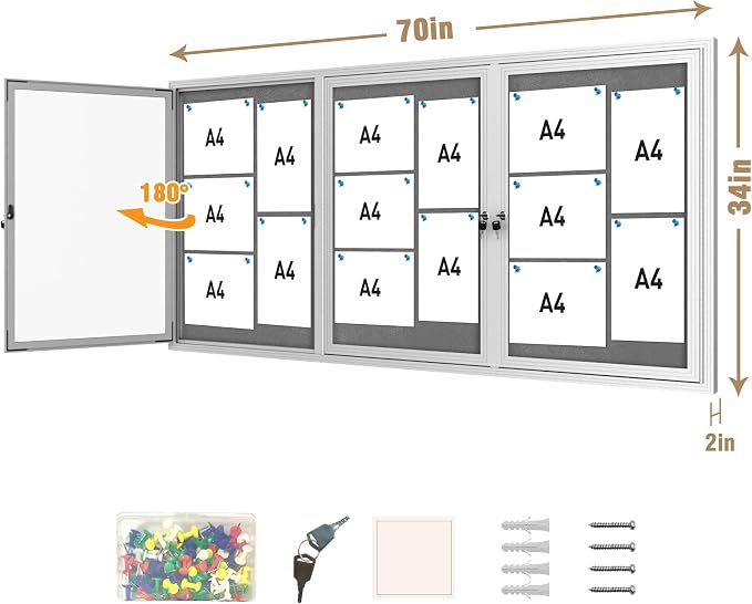 Mifuro 70"x34" Enclosed Bulletin Board, Outdoor Lockable Weather-Resistant Aluminum Cork Noticeboard for School & Office, Silver Frame w/Grey Flet