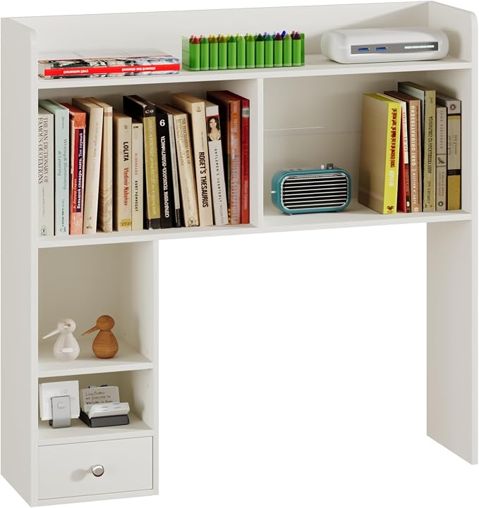 ChooChoo Desktop Bookshelf with Lights and 5 Shelves and 1 Drawer | 36.4" Tall Countertop Desk Hutch, Computer Desk, Desk Shelf Organizer, Dorm Office Home, White