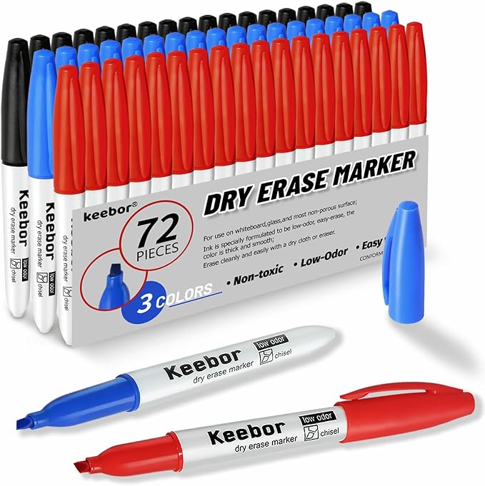 Dry Erase Markers Chisel Tip, 3 Assorted Colors, 72 Pcs Low-Odor Whiteboard Markers, Office & School Supplies