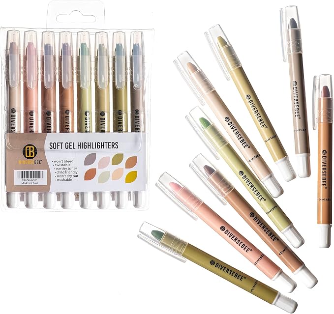 DIVERSEBEE Bible Highlighters and Pens No Bleed, 8 Pack Assorted Colors Gel Highlighters Set, Cute Bible Markers Study Journaling School Supplies and Accessories (Earthy) | 8 Pack Assorted Colors Gel Highlighters Set, Cute Bible Markers for Study Journ...
