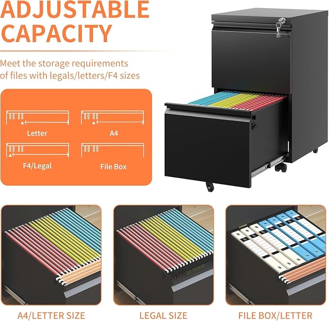Guizeeopo 2 Drawer Locking File Cabinet, Fully Assembled Heavy-Duty Metal Filing Cabinets for Home Office, Quiet Slides, Anti-Tipping Wheels, Fits A4/Letter/Legal, Matte Black