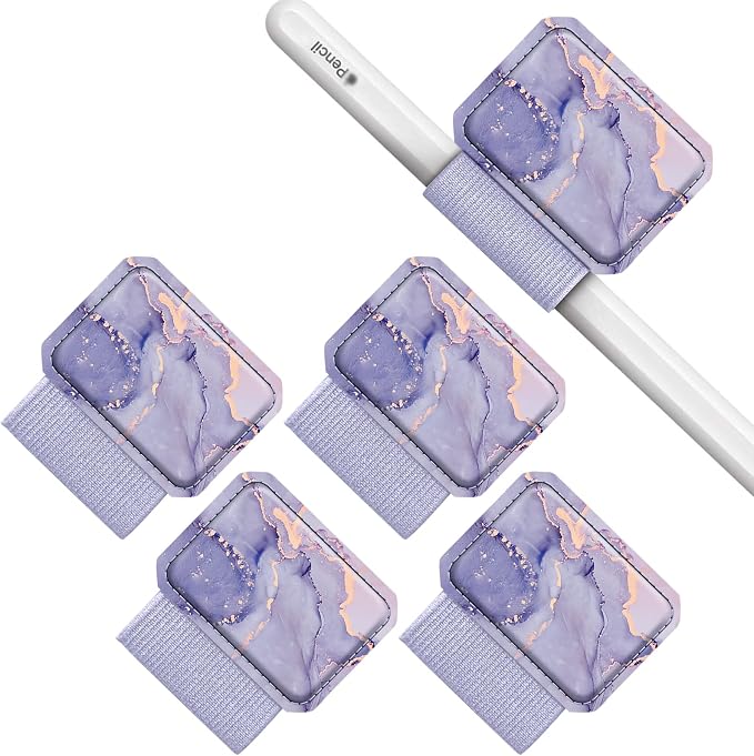 Fintie 4 Pack Pen Loop Holder for Apple Pencil Pro, USB-C/1st/2nd Gen | Elastic Adhesive PU Leather Sleeve, Secure Pen Holder, Attaches to Tablet Cases, Fits Stylus Pens, Lilac Marble