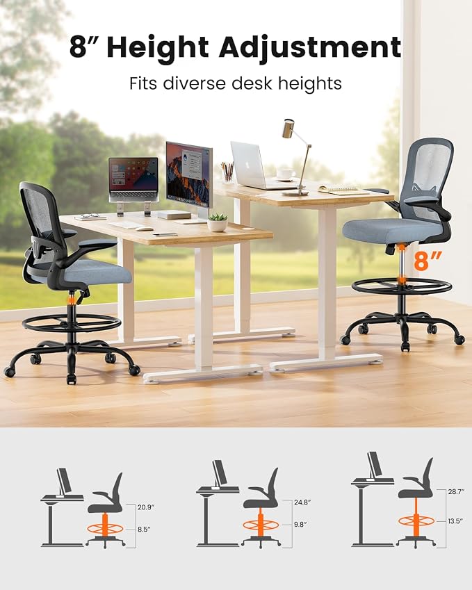 ErGear Drafting Chair,Tall Office Chair with Flip-Up Armrests, High Desk Chair Adjustable Height and Adjustable Footrest Ring, Ergonomic Standing Desk Chair with Lumbar Support, Blue,4 Pack