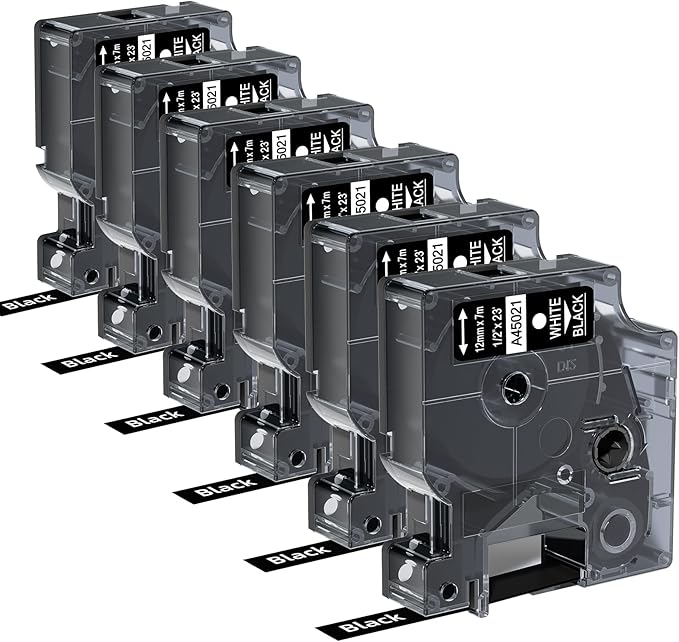COLORWING Compatible with Dymo D1 Label Tape White on Black 45021 a45021 Black Label Maker Refills d1, 1/2 Inch x 23 Ft, S0720610 for Dymo LabelManager 160 210D 280 360, 6-Pack