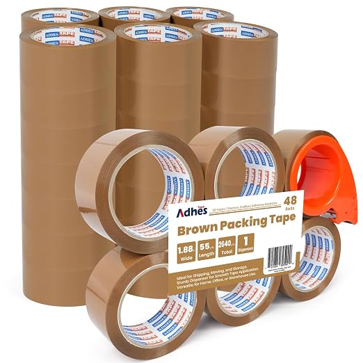 ADHES Brown Packing Tape with Dispenser, 1.88 Inch x 55 Yards | 48 Rolls Heavy Duty Shipping Tape for Moving Boxes, Packaging and Storage, Strong Adhesive