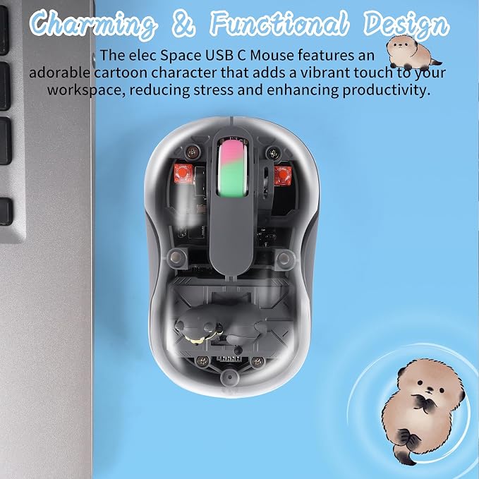 elec Space Cute Wireless USB C Mouse - Bluetooth Triple Mode Rechargeable Cartoon Mouse for Laptops, iPads & MacBook Air/Pro - Silent Operation, Portable Design, Unique Magnetic Character (Grey)