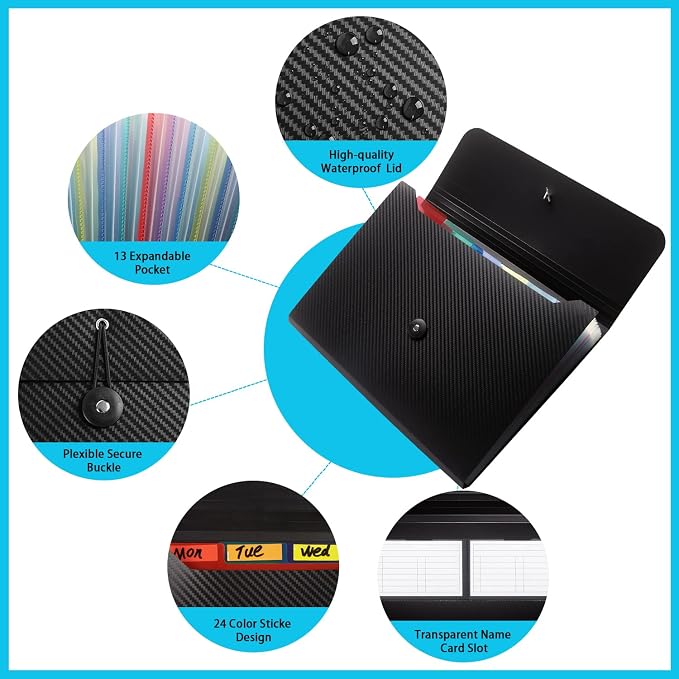 Expanding File Folder File Organizer with 13 Pockets Great Capacity Durable for Work, School, Home, Office, Black