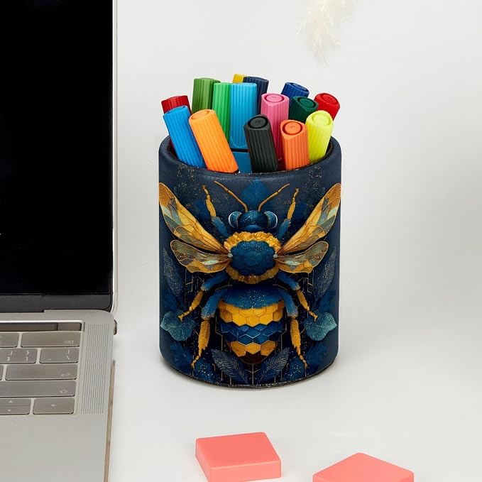 Leather Pen Holder for Desk, Bee Pencil Cup Pen Organizer Makeup Brush Holder for Office Home Kids Countertop Desk Accessory Storage