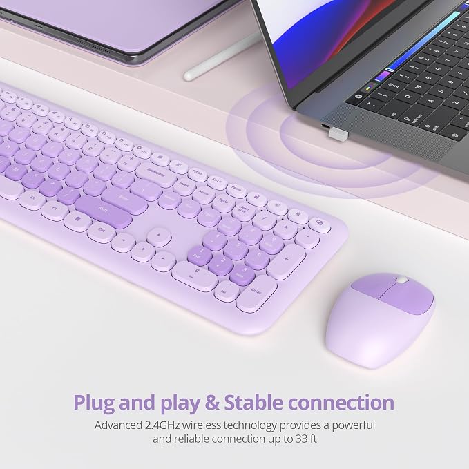 Surmen Cute Purple Keyboard and Mouse Wireless Silent, Full-Size Retro Typewriter Wireless Quiet Keyboard Mice Set Low-Noise 2.4GHz for Computer, Desktop, Laptop(6-Diary Purple)
