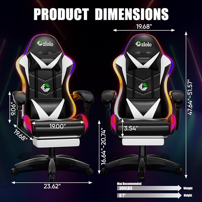 Gaming Chair, RGB LED Lights Computer Chair with Footrest, Lumbar Support Massager Gamer Chair, High Back, 90-135° Reclining, Linkage Armrests, White