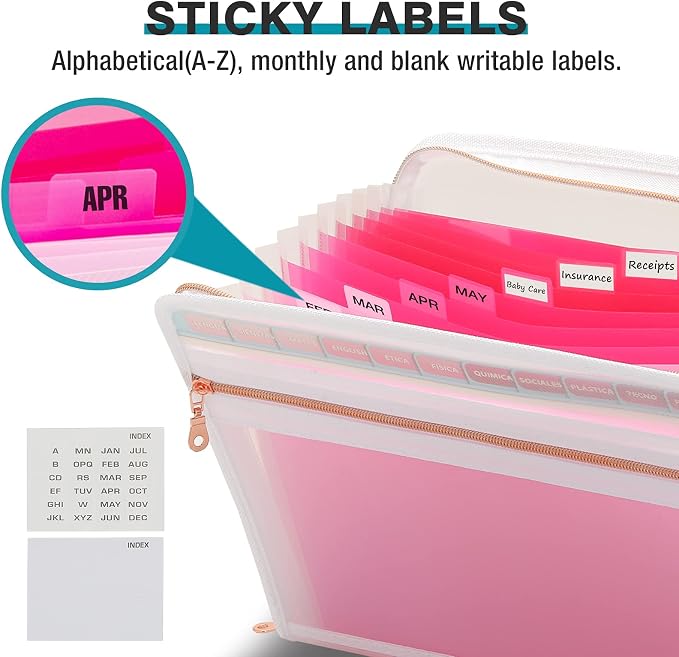 H4D Accordion File Organizer, 13 Pocket Expanding File Folder, Pink | Zippered, Front Clear Pouch, Letter Size Paper, A4 Paper, Fit for Documents