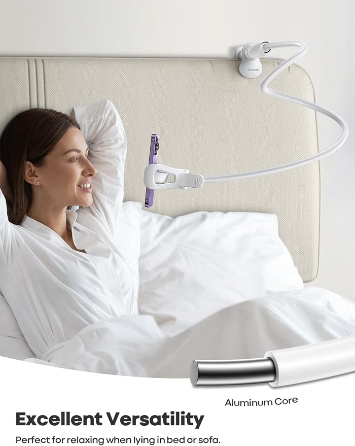 Lamicall Gooseneck Phone Holder for Bed, Stable Flexible Arm Stand for Desk | Upgraded Al-Mg Alloy Core, Secure Clamp Base, 33.4" Long Arm, Hands-Free Viewing, Bedside & Desk Use, Fits 4-7" Phones, White