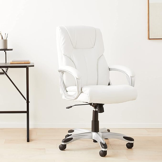 Amazon Basics Executive High Back Office Desk Chair, Adjustable Height, Tilt, Swivel, 275lb Capacity, Bonded Leather, White/Pewter