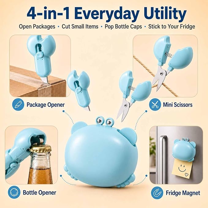 Crab-Shaped 4-in-1 Multi Tool Opener, Magnetic Fridge Magnet, Beer Bottle Opener, Retractable Box Cutter & Mini Scissors, Compact Kitchen Gadget for Home Office (blue)
