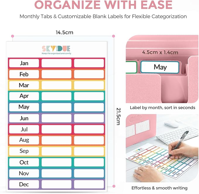 SKYDUE Accordion File Organizer, Expanding File Folder with 13 Pockets, Portable Document Paper Bill Receipt Organizer, Home School Pink Office Supplies, Letter A4 Size