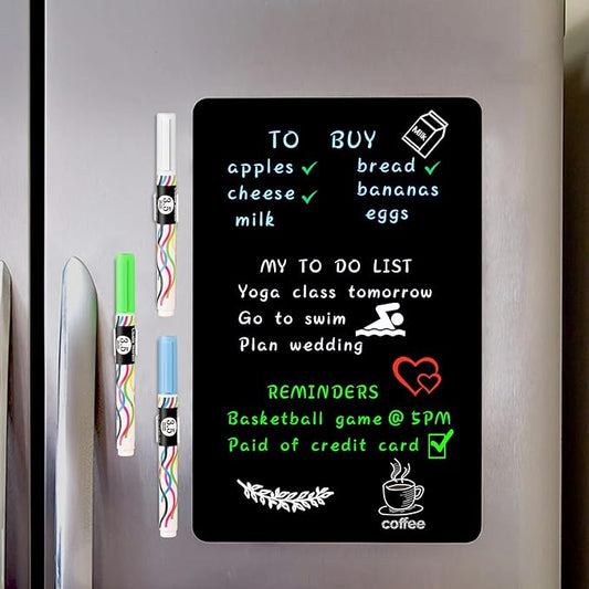 Magnetic Black Dry Erase Board Sheet 17" x 11" for Fridge, Easy to Read with 3 Bright Colors Chalk Markers, Small Refrigerator Magnet Whiteboard for Family Planner Grocery List