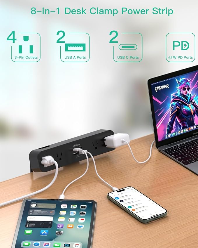Mifaso PD65W Desk Clamp Power Strip, 1080J Surge Protector, 2 USB C | 4 Outlets, 5FT Extension Cord, Desk Organizer Gaming Accessories Office Essentials, Fit 1.96" Desk Edge, Black