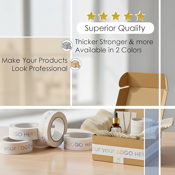 COACO Custom Logo Shipping Tape, Eco-Friendly Custom Water Activated Tape | Reinforced Gummed Paper, Strong Seal Packing Tape for Small Business Branding, White (50')