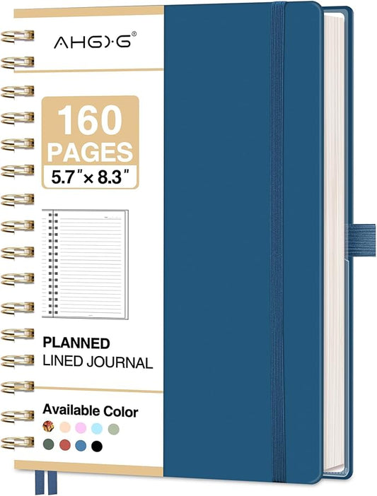 AHGXG Spiral Journal Notebook, 160 Lined Pages, A5 Medium Size (5.7'' x 8.3''), for Men & Women, Journaling, Writing, Work & Office, Hardcover, 100 GSM Thick Paper (Navy Blue)