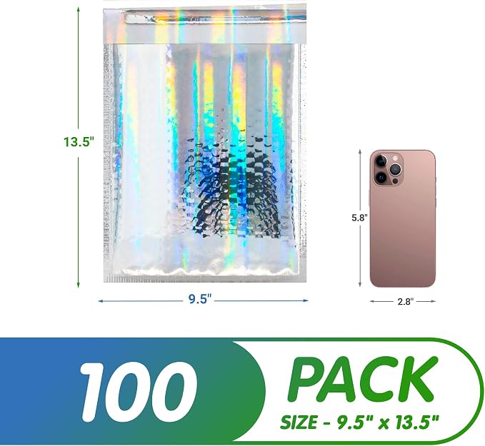 Glamour Metallic Bubble Mailers 10.5 x 15 Inches Hologram, 100 Pack Padded Envelopes for Shipping, Mailing, Packaging Protection