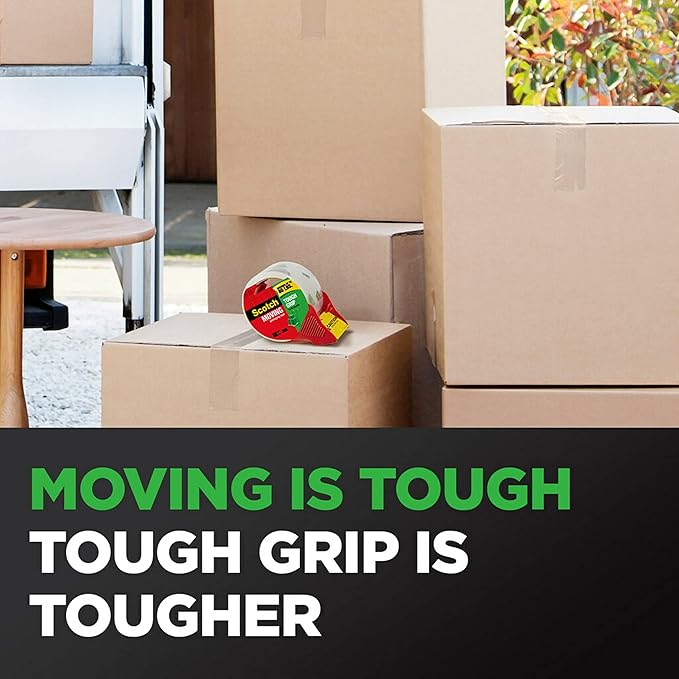 Scotch Tough Grip Moving Packing Tape, Clear, Moving Tape That Secures Boxes up to 80 Pounds, 1.88 in. x 38.2 yd., 2 Tape Rolls
