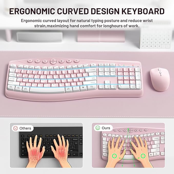 Wireless Keyboard and Mouse Combo Silent Ergonomic Curved Design for Office | 2.4G Full Size Cordless Keyboard with Tilt Legs,3-Level DPI Quite Mouse for Windows,Mac OS/Desktop/Laptop/PC