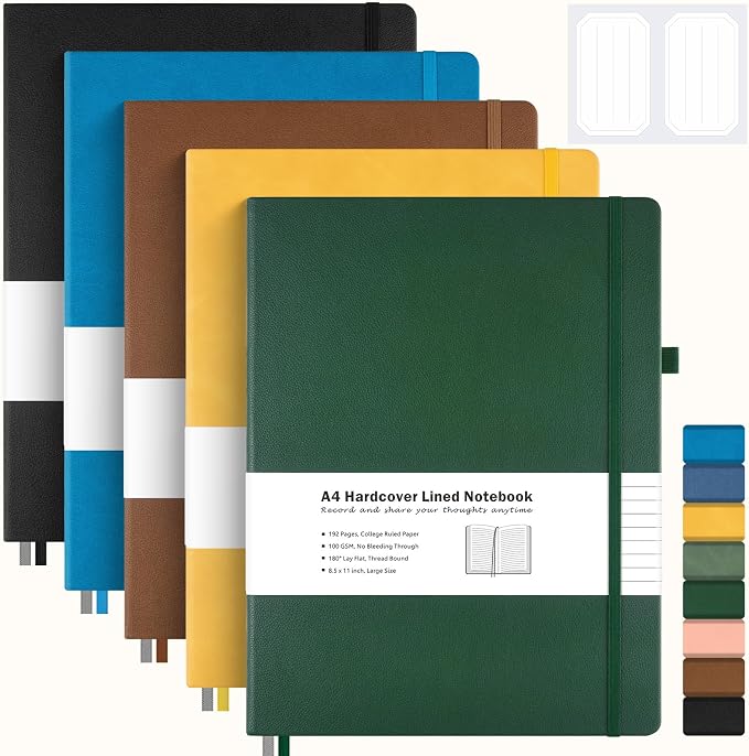 College Ruled Notebook, Large A4 Hardcover Leather Journal for Women Men | 5 Pack Lined Journal Notebook for Work School, No Bleed Thick Paper, Lay Flat, 8.5" x 11", Professional Business Notebook