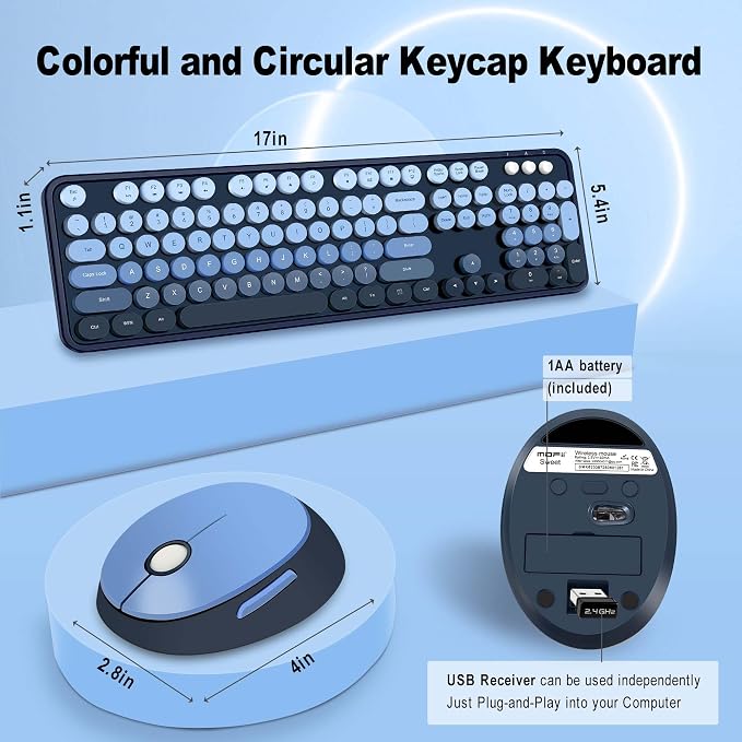 Wireless Keyboard Mouse, Cute Colorful 104 Keys Typewriter Blue | Full Size With Number Pad & Mouse,Compatible With All Windows,Ideal For Windows,1600DPI,Computer, PC, Notebook, Laptop