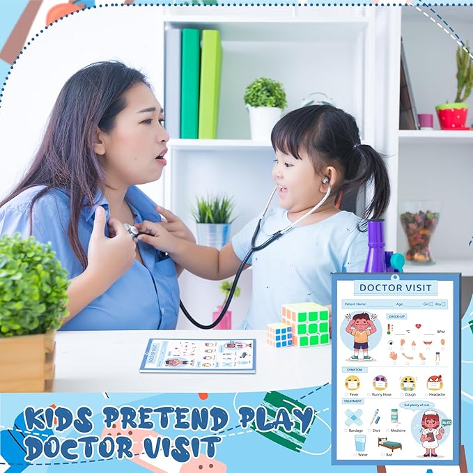 Kids Pretend Play Notepads 4X6 In Pretend Play Notebooks Playtime Notepads Variety Role Play Game Accessories Pages Each for Kids Toddlers 3-5(6,Blue Doctor Visit)