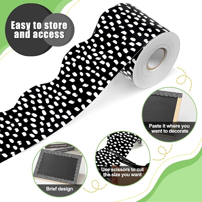 Zonon 65 Feet Bulletin Board Borders Black White Dots Wavy Classroom | Rolled Edge for Back to School, Scalloped Wavy Design, Polka Dot Pattern, Decorative Trim for Classroom Bulletin Boards