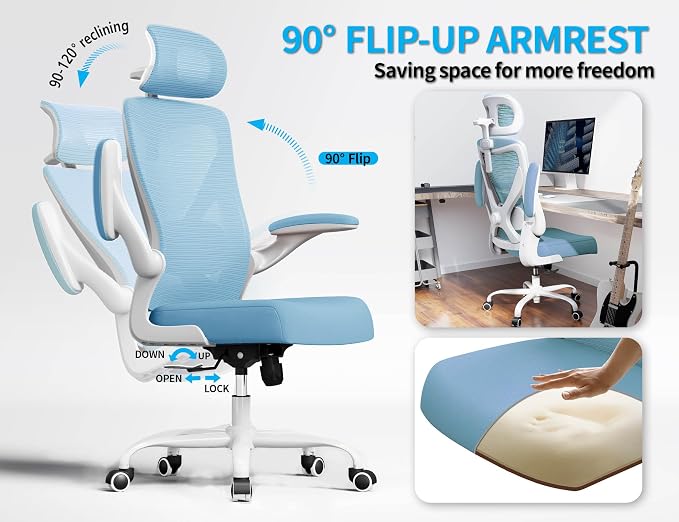 Ergonomic Office Chair: Mesh Desk Chair Comfy with Headrest& Lumbar Support | Ergalithic Big and Tall Office Chairs with Wheels & Flip-Up Arms-Computer Gaming Chairs for Adults Home Office Chairs(Blue)