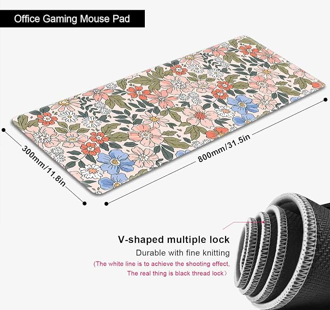 Pink Blue Floral Desk Mat Cute, XL Green Leaf Flowers Extended Mousepad, Non-Slip Rubber Base Stitched Edge Large Mouse Pad Desk Pad for Women Gamer Office,Computer Accessories,31.5 X 11.8 in