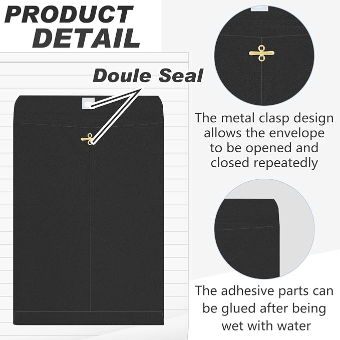 Geyee 50 Pcs 9 x 12 Inch Clasp Envelopes Letter Size Mailing Envelopes with Clasp Closure for Filing Storing Documents Office Home Business School (Black)