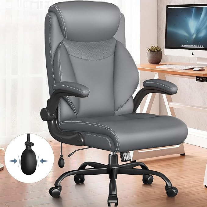Ergonomic Office Chair, Big and Tall Office Chair, Executive Chair- Padded Leather Comfy Chair with Adjustable Lumbar Support & Flip-Up Arms, Rocking Swivel Chair for Home Office,Gray