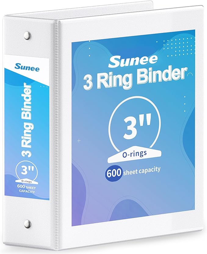 SUNEE 3 Ring Binder 3 Inch 1 Pack, Clear View Binder Three Ring PVC-Free (Fit 8.5x11 Inches) for School or Office Supplies, White