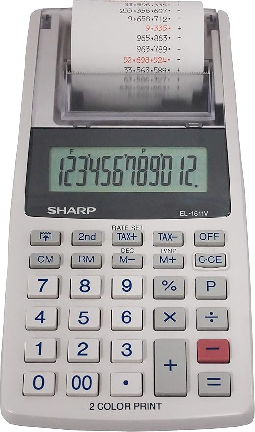 Sharp EL-1611V Handheld Portable Cordless 12 Digit Large LCD Display Two-Color Printing Calculator with Tax Functions