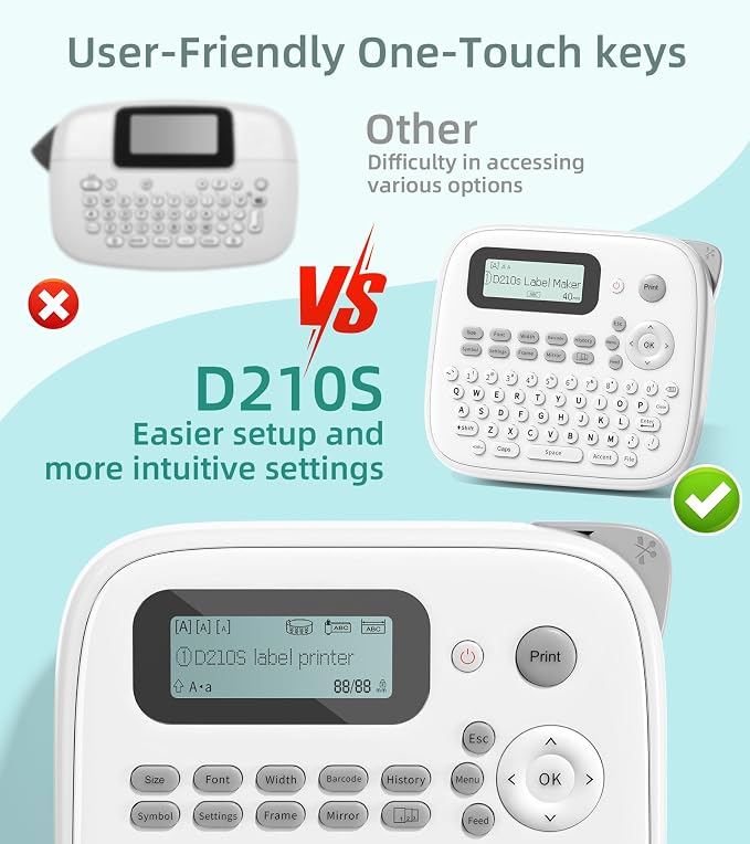 Label Maker Machine with 4 Tapes, D210s Waterproof Labelmaker | Waterproof Removable Freezer Food-Labels for Jar, One-Touch Keys & Bold Fonts, Replace for Brother Ptouch Label Maker Machine