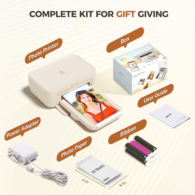 iDPRT 4×6 Photo Printer, Portable Color Picture Printer, Thermal Sublimation Mini Picture Printer, Bundle 108 Sheets Photo Paper & 2 Ribbon Cassette, Photo Printer for iPhone & Android