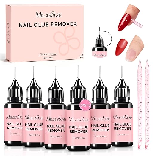 MelodySusie 6Pcs Nail Glue Remover for Press on Acetone Free 10ML | Fast Precise Gentle Removal Semi Nail Glue Gelly Gel Tabs Quick-dry Glue Nail polish (No Cured) Nail Strip
