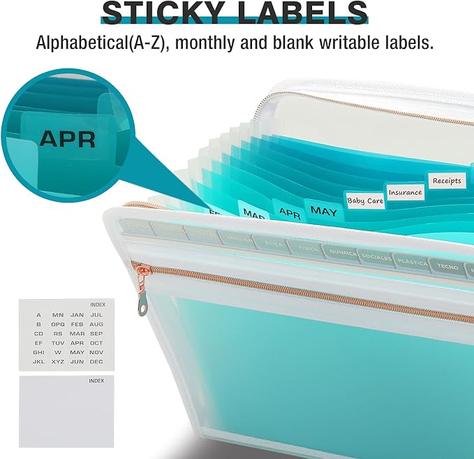 H4D Accordion File Organizer, 13 Pocket Expanding File Folder, Teal | Zippered, Front Clear Pouch, Letter Size Paper, A4 Paper, Fit for Documents